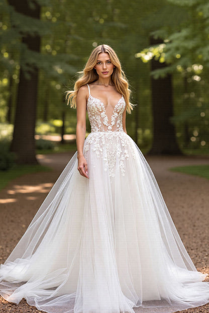 V-Neck Spaghetti-Straps Sleeveless Tulle Wedding Gowns