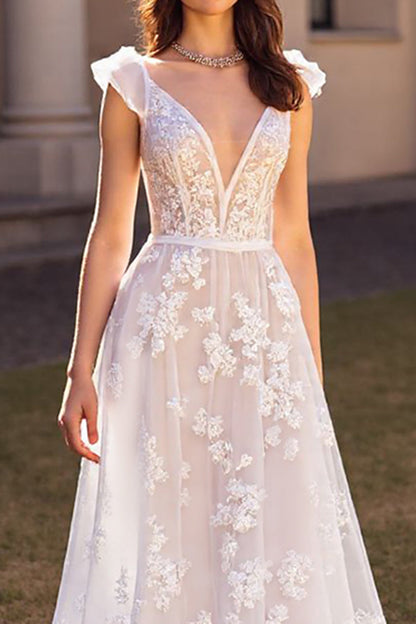 Cap Sleeves V-Neck A-Line Wedding Dress