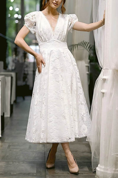 A-Line Tea Length Lace Little White Dress
