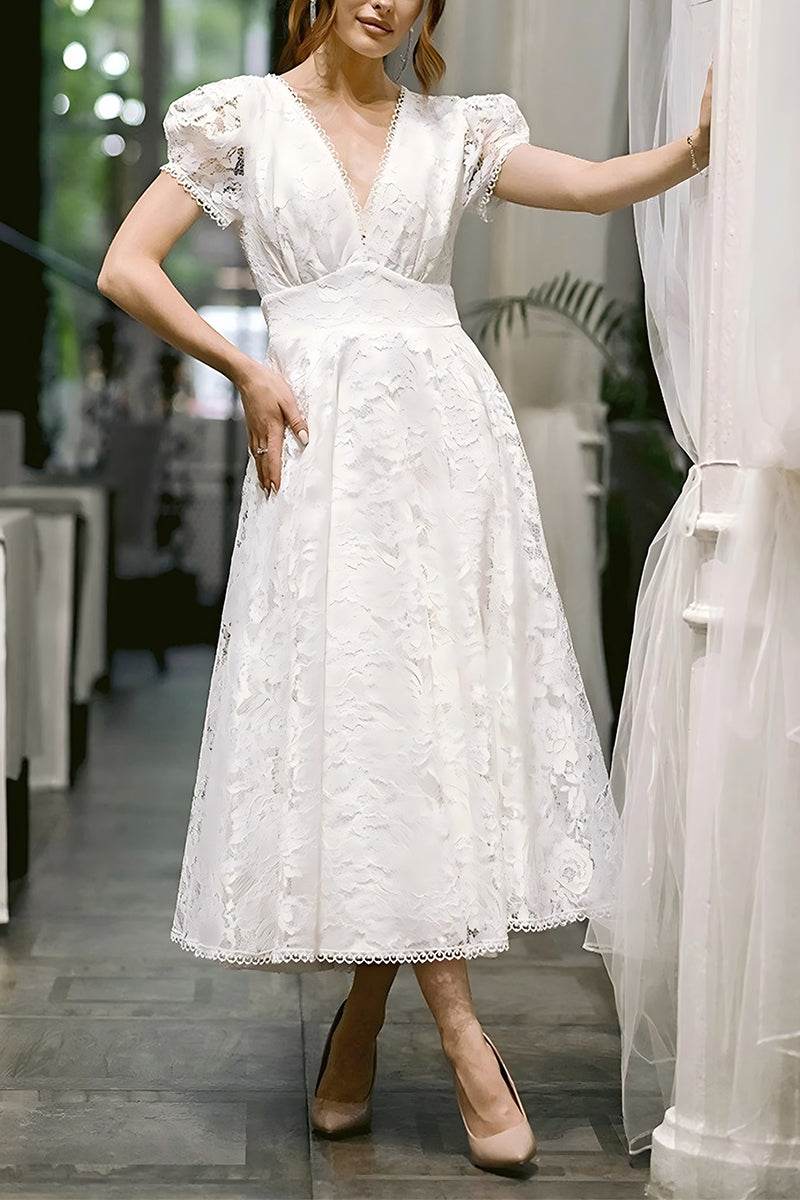 A-Line Tea Length Lace Little White Dress