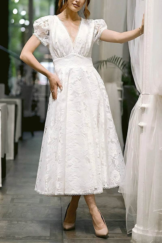 A-Line Tea Length Lace Little White Dress