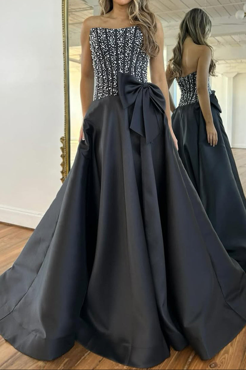 Gorgeous A Line Strapless Black Satin Prom Dress