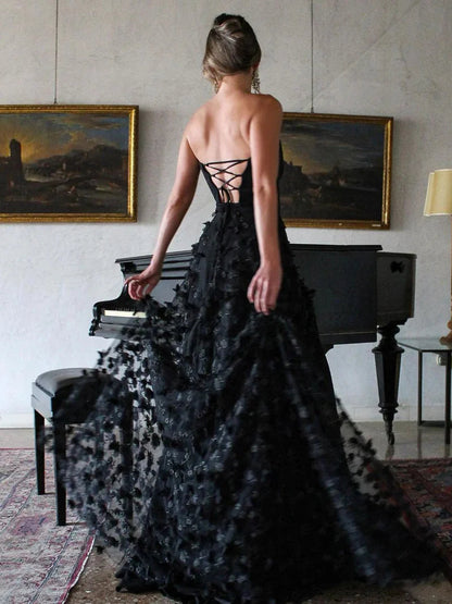 Fariy Scoop Neck Black 3D Lace Flowers Slit Prom Dress