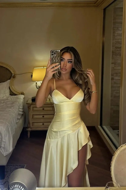 Yellow Sexy Glamorous Spaghetti-Straps Split Prom Dress ZT0674