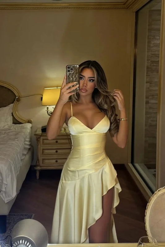 Yellow Sexy Glamorous Spaghetti-Straps Split Prom Dress ZT0674