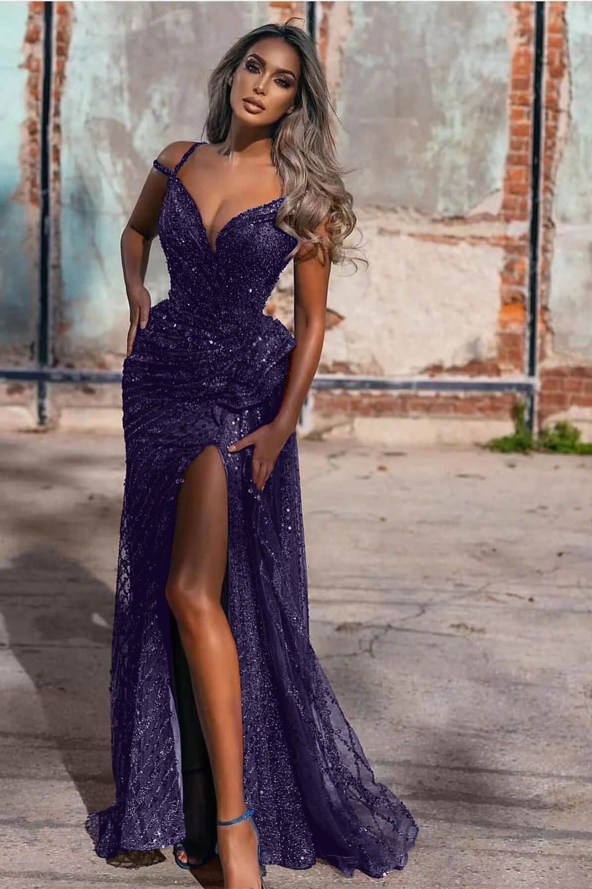 Royal Blue Off the Shoulder Sleeveless Evening Dress