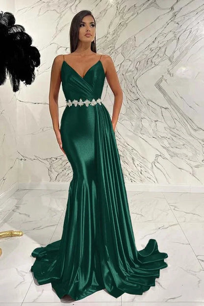 Elegant Red Spaghetti-Straps Deep V-Neck Mermaid Evening Dress With Belt Ruffles ED0472