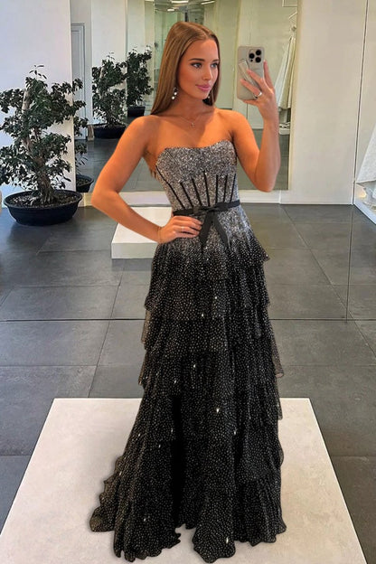 Sleeveless Party Gowns Fully Beaded Tulle Pleated Tiered A-Line Prom Dress