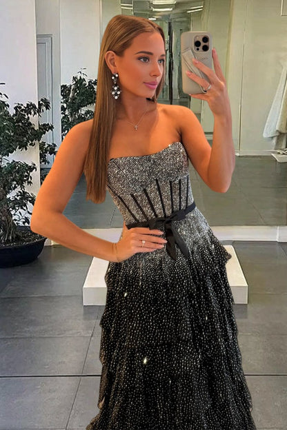 Sleeveless Party Gowns Fully Beaded Tulle Pleated Tiered A-Line Prom Dress