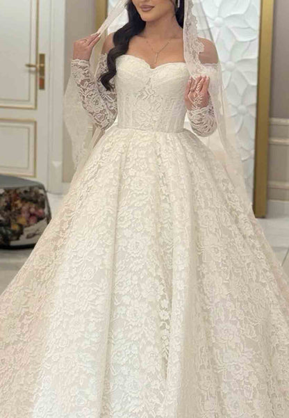 Sweetheart Long Sleeves Lace Chapel Train Empire Princess Wedding Dresses