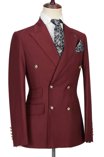Glamorous Burgundy Groomsmen Outfits Peak Lapel With Double Breasted Gentle