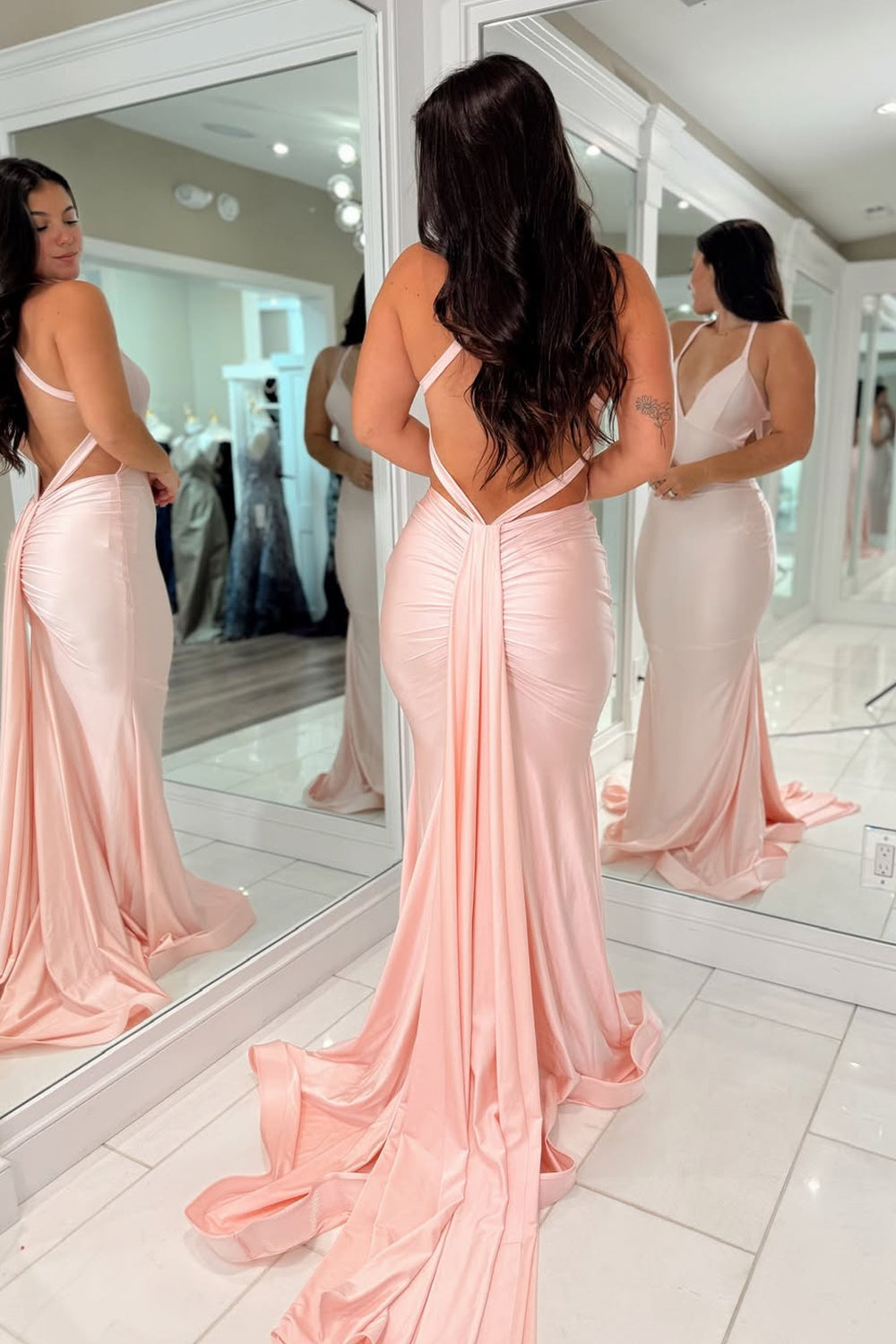 Mermaid V Neck Pink Stretch Satin Long Prom Dress