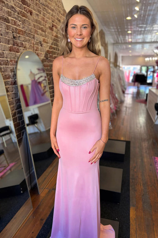 Mermaid Scoop Neck Pink Satin Long Prom Dresses with Beading