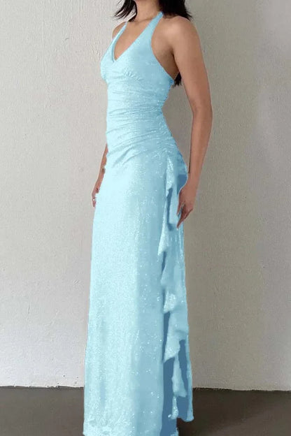 Charming V-Neck Halter Burgundy Ruffles Prom Dress ZT0740