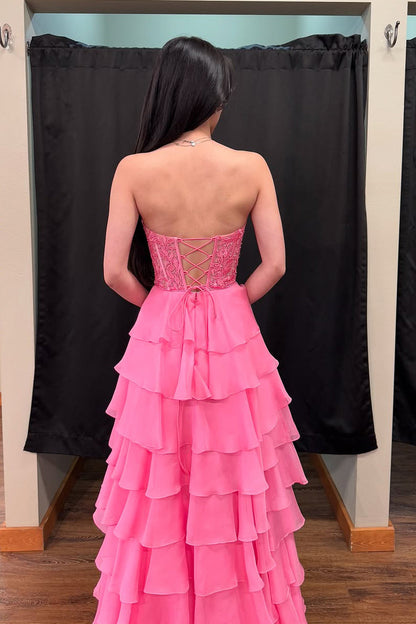 A Line Sweetheart Pink Chiffon Tiered Prom Dress