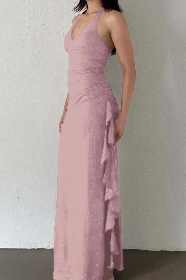 Charming V-Neck Halter Burgundy Ruffles Prom Dress ZT0740