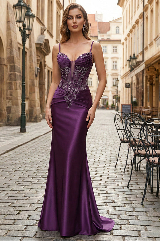 Purple Mermaid Spaghetti Straps Satin Long Corset Appliqued Prom Dress