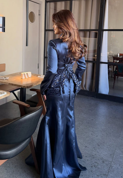 Long Sleeve Satin Mermaid Dress with Beaded