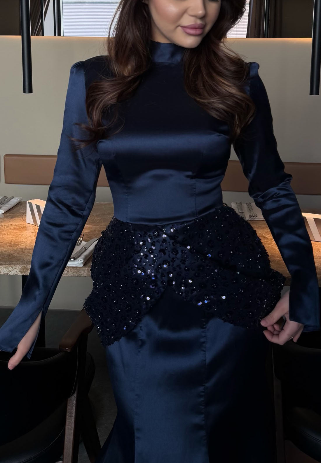 Long Sleeve Satin Mermaid Dress with Beaded