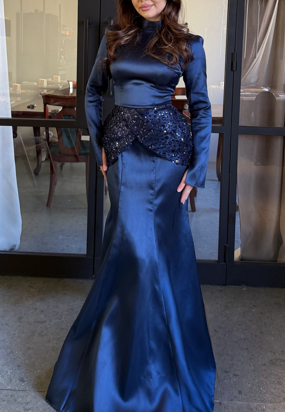 Long Sleeve Satin Mermaid Dress with Beaded