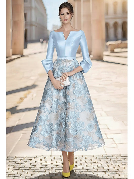 V-Neck Long Sleeve Flower Floral Print A-Line Ankle-Length Evening Dress