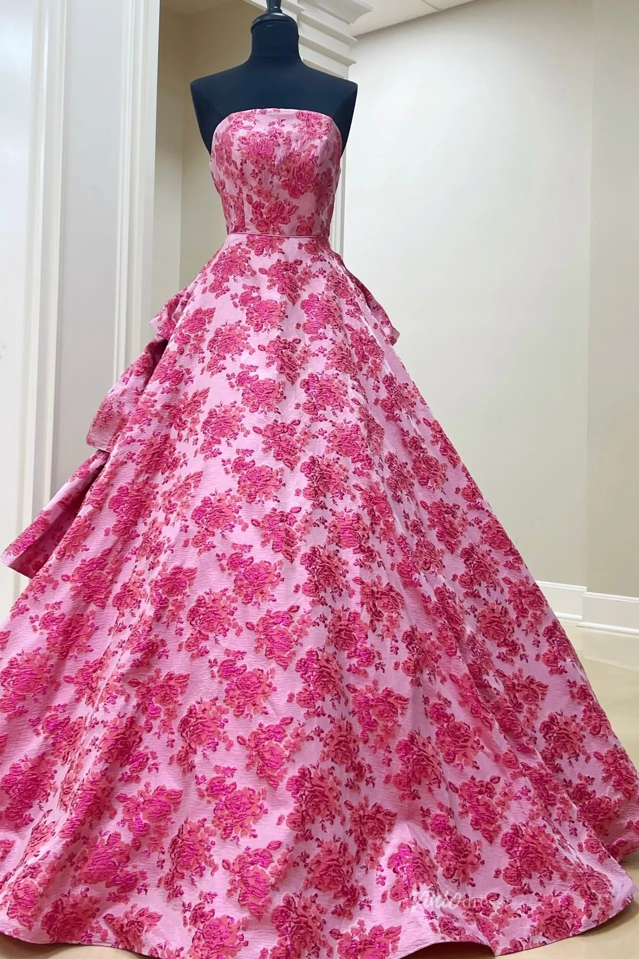 Pink Floral Jacquard Tiered Ruffle Prom Ball Gown