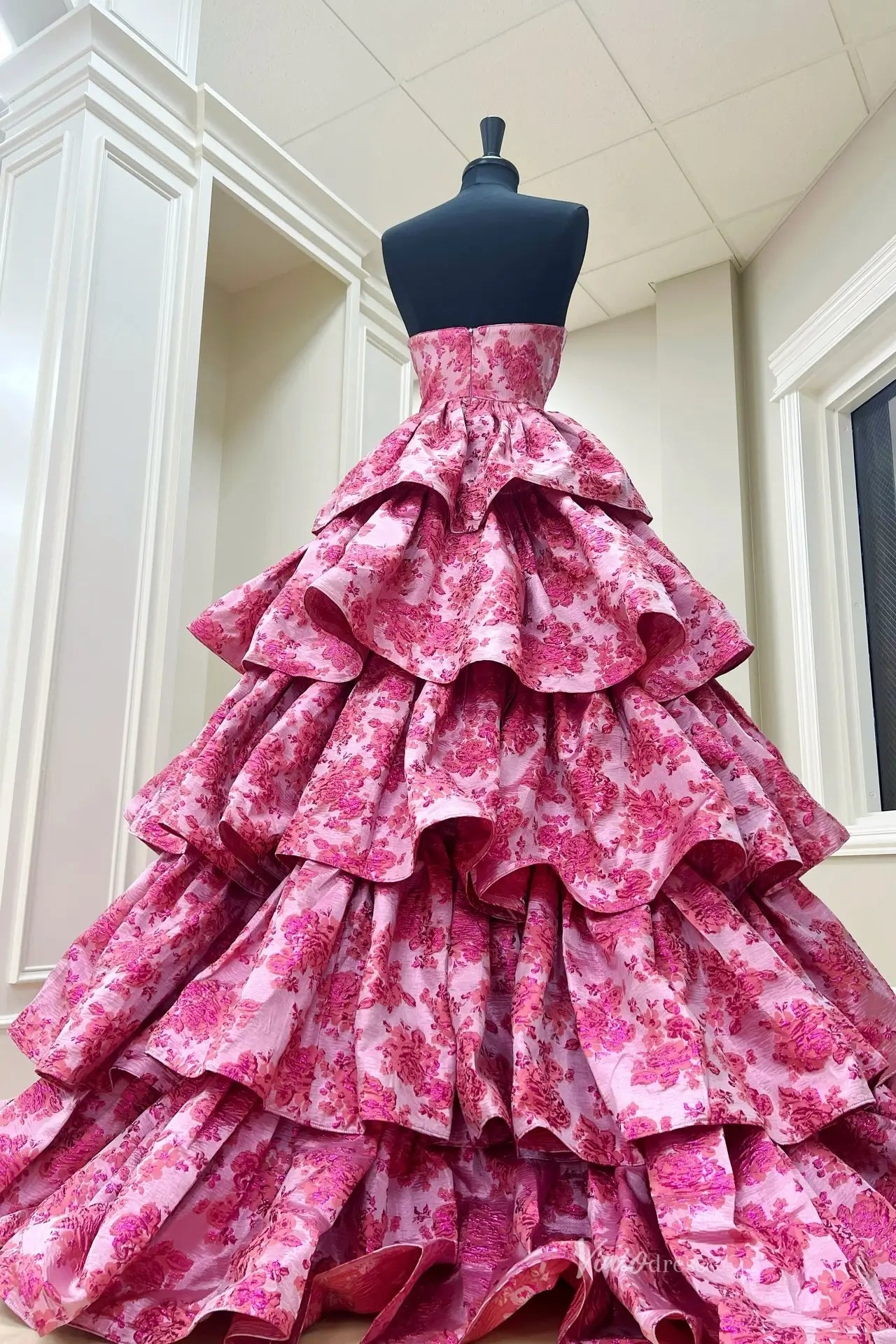 Pink Floral Jacquard Tiered Ruffle Prom Ball Gown
