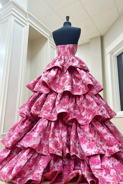 Pink Floral Jacquard Tiered Ruffle Prom Ball Gown