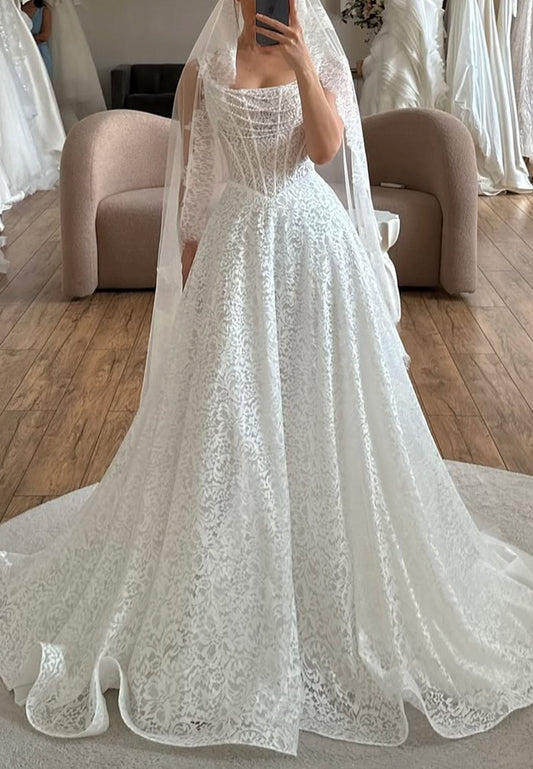 Regular Straps Square Neck Lace A-Line Empire Wedding Dresses with Pearls