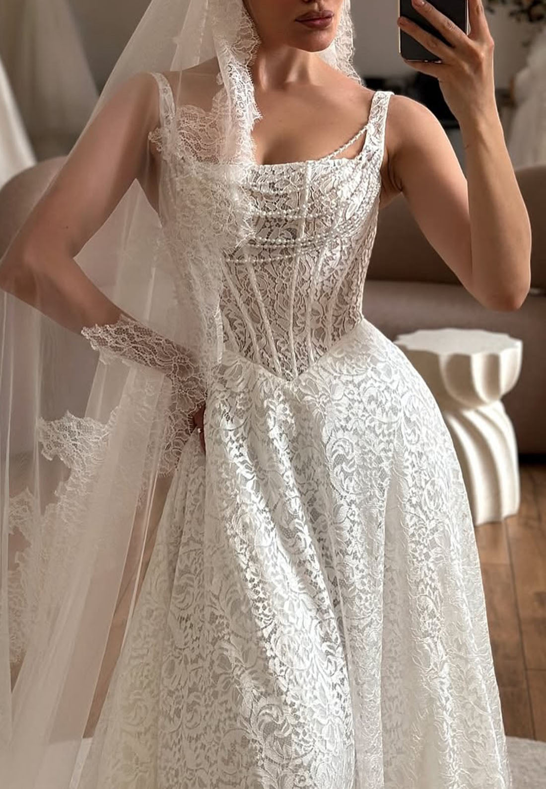 Regular Straps Square Neck Lace A-Line Empire Wedding Dresses with Pearls