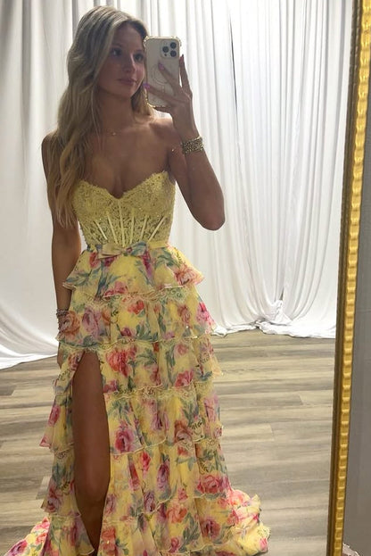 Yellow Sweetheart Sleeveless A-Line Floral Print Side Slit Prom Dress