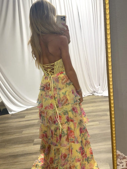 Yellow Sweetheart Sleeveless A-Line Floral Print Side Slit Prom Dress