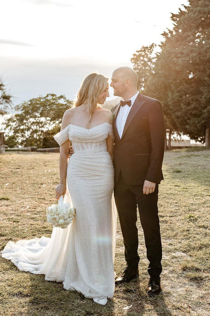 Sparkly Sheath Off the Shoulder Sequins Wedding Dress