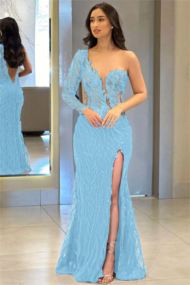 One Shoulder One Long Sleeve Backless Mermaid Split Prom Dress