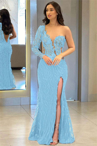 One Shoulder One Long Sleeve Backless Mermaid Split Prom Dress