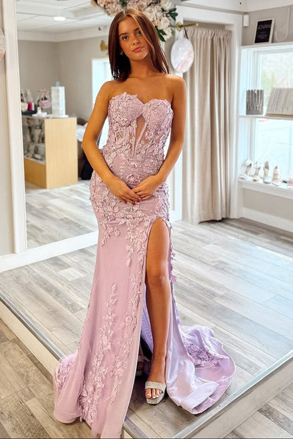 Mermaid Strapless Lilac Long Prom Dress with Appliques