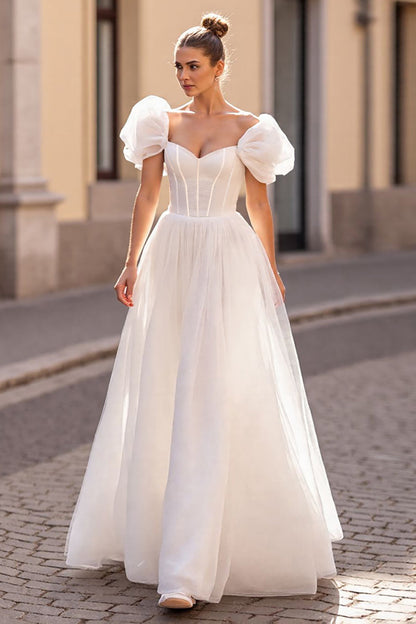 Bubble Sleeves Sweetheart Tulle A-Line Wedding Dress Long Online