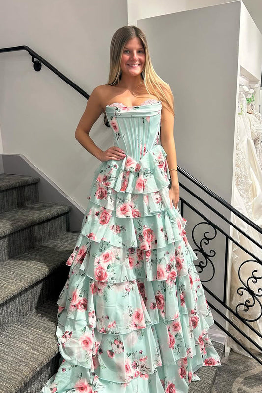 Sweetheart Off-Shoulder Sleeveless Floral Print-Chiffon Pleated Tiered A-Line Prom Dress