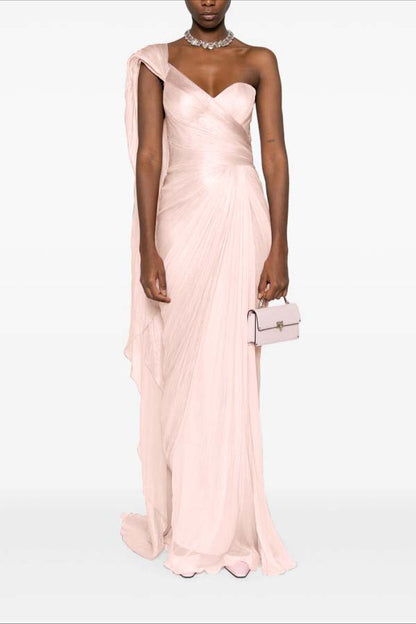 Asymmetric Neck One Shoulder Sleeveless Long Pleated Mermaid Prom Dress With Ruffles