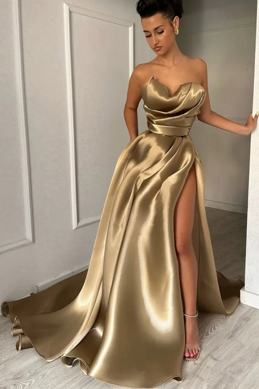 Chic Strapless Split Pleated Prom Dress