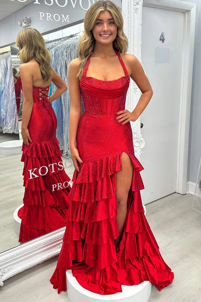 Gorgeous Mermaid Scoop Neck Red Tiered Satin Prom Dress