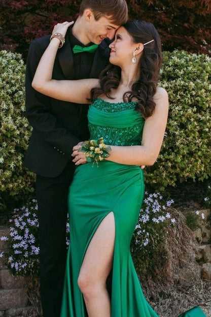 Strapless Scoop Pleats High Slit Mermaid Sleeveless Long Prom Dress