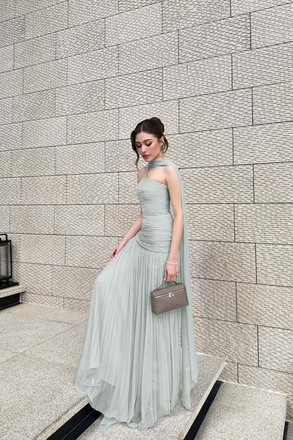Chiffon Strapless Sleeveless Long Pleated A-Line Prom Dress With Ruffles