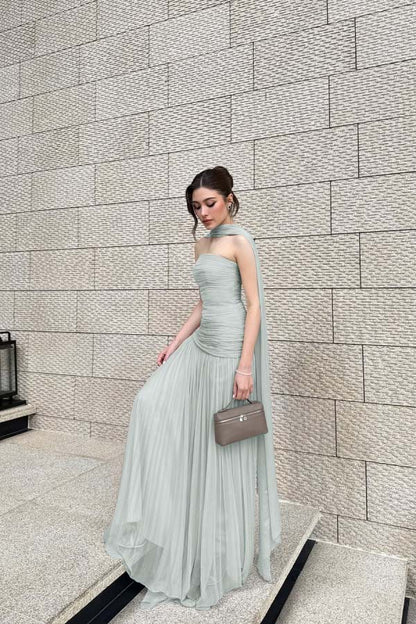 Chiffon Strapless Sleeveless Long Pleated A-Line Prom Dress With Ruffles