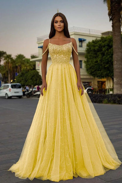 Tulle A-Line Long Spaghetti-Straps Prom Dress With Sequins Beads