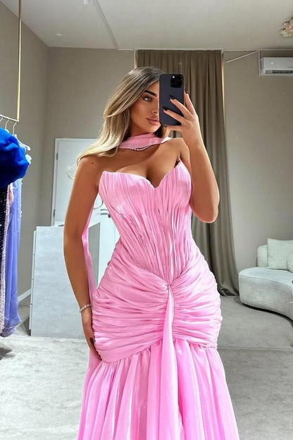 Strapless Sleeveless Long Mermaid Prom Dress With Pleated Scarf