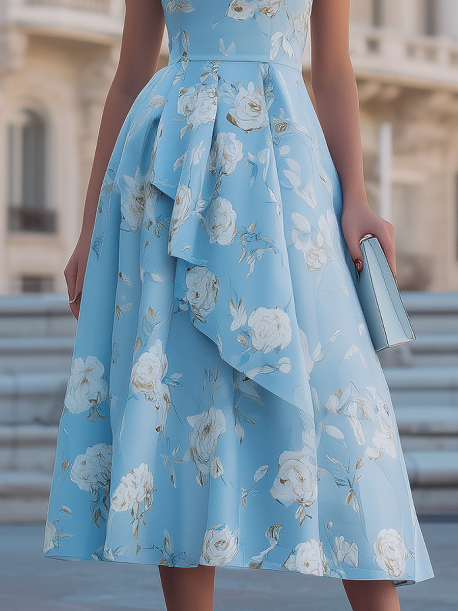 Sky Blue Floral Print Sleeveless Draped Fit-and-Flare Midi Dress