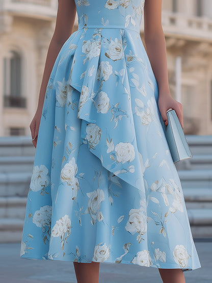 Sky Blue Floral Print Sleeveless Draped Fit-and-Flare Midi Dress