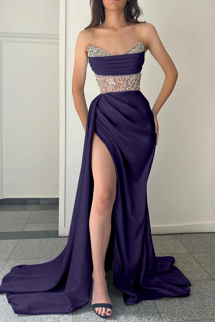 Modern Strapless Mermaid Prom Dress Split With Beading