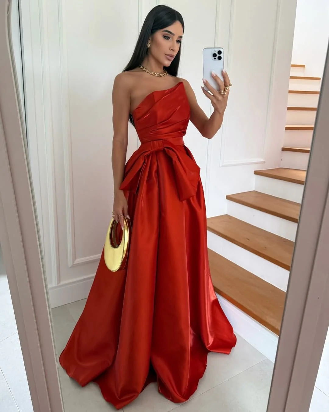 Dark Orange Asymmetric Neckline A-Line Prom Dress With Bow ZT0764